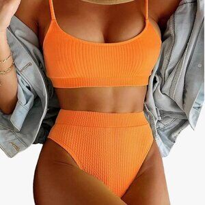Lilosy High Waisted Tummy Control Ribbed Bikini Crop Top Brazilian Swimsuit Set